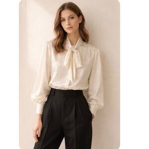 Vintage Evan Picone for Saks Ivory Satin Bow Blouse Puff Sleeve Vintage Size L